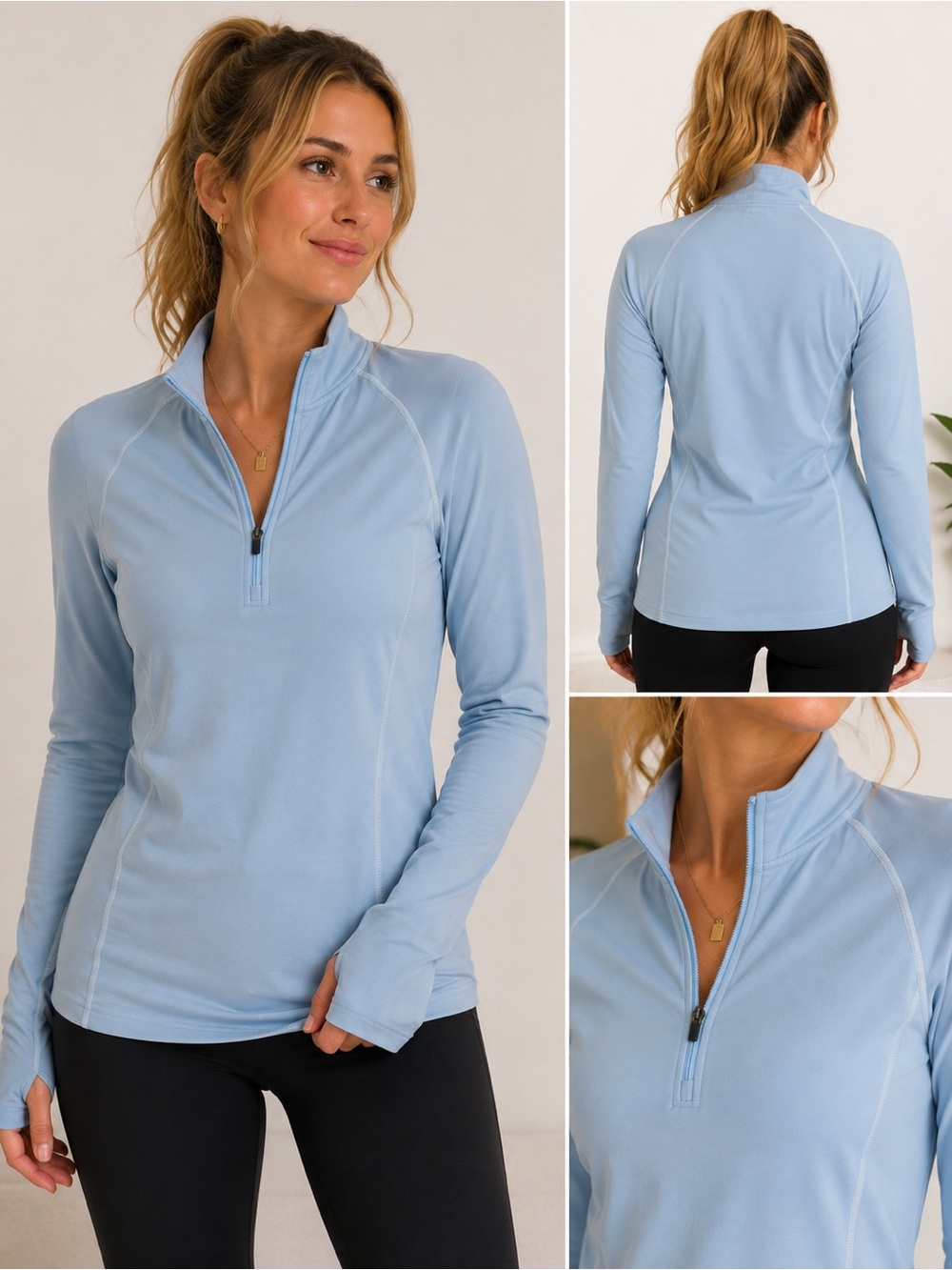 Ice Blue Long Sleeve Active Workout Top Women’s Zip Pullover Athletic Large